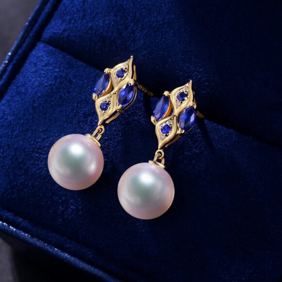 New 18K Yellow Gold Pearl Diamond Blue Stone Stud Earrings - Picture 2 of 4